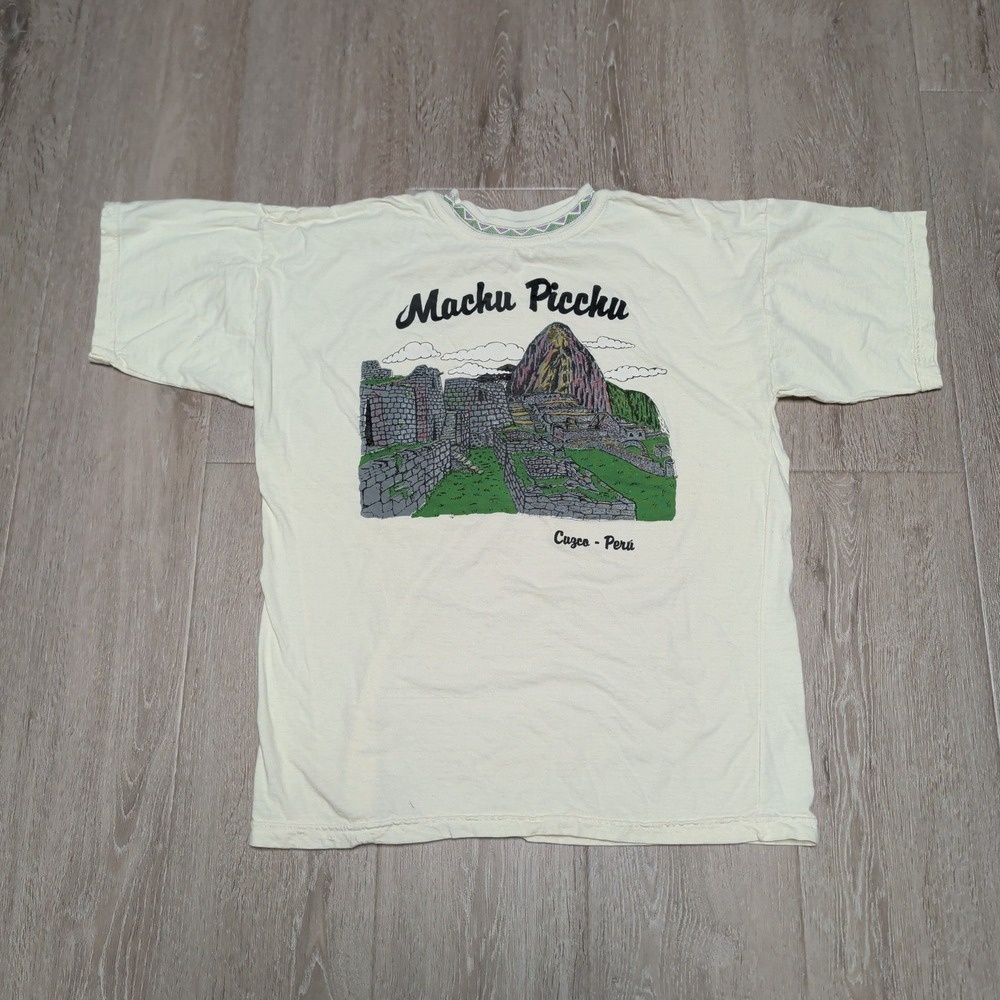 Vintage Machu Picchu Cuzco Peru Graphic T Shirt Cream Cotton Sport Mens‎ Medium